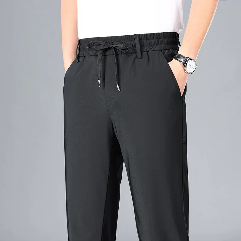 

Summer Men Breathable Elastic Drawstring Jogging Pants Casual Male Full Length Work Pants Comfortable Thin Soft Fabric Trousers