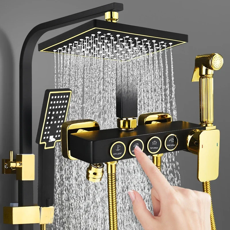 Square Bathroom Shower System Senducs Black Gold Bathtub Mixer Faucet Hot Cold Bathroom Tap Thermostatic Shower Set