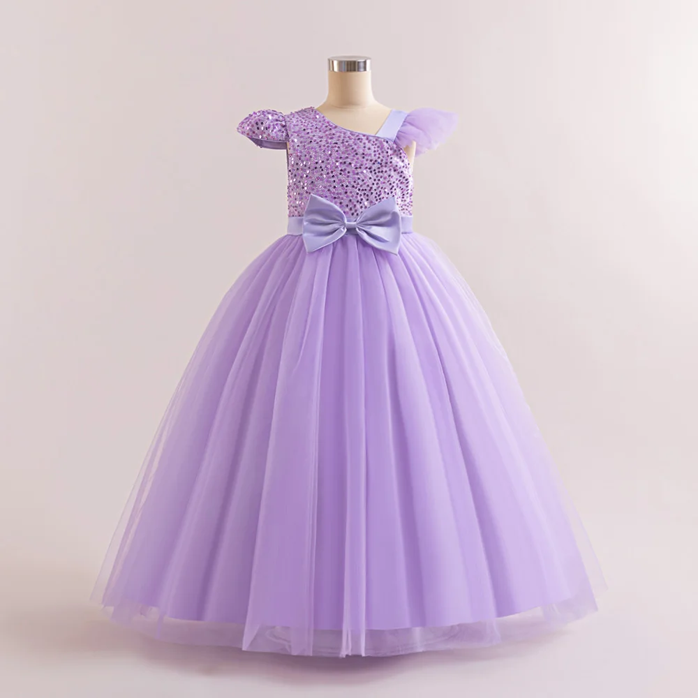 Abito da sera con paillettes per ragazze eleganti abito da ballo fantasia di compleanno con fiocco per bambini adolescenti maniche corte vestiti in Tulle abbigliamento da festa