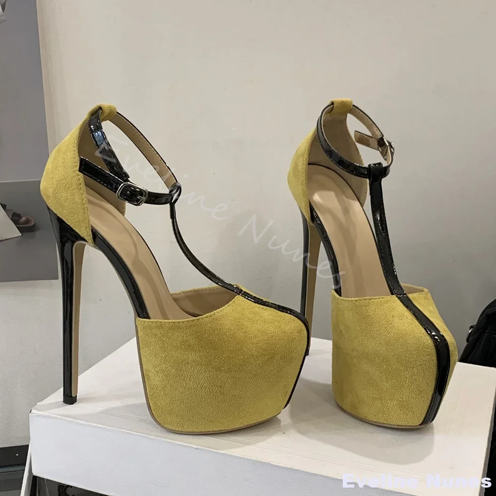 Sexy Yellow Platform Pumps Women Round Toe T Strap 16cm Stiletto Heel Ankle Strap Sandals 2025 Summer New Flannel High Heels