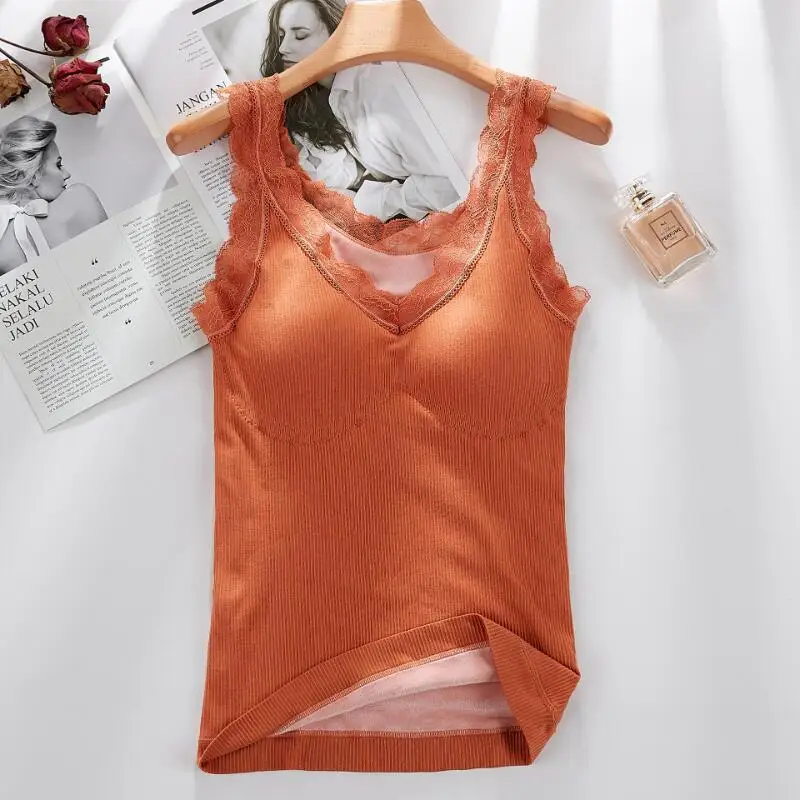 Damen-Herbst-Winter-Unterhemd mit Spitzenkanten, weicher Komfort, warme Weste, eng anliegende Innenschicht mit warmer Basis aus dickem Samt ﻿