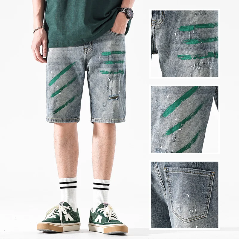 

American retro distressed denim shorts men's slim fit straight splashed ink graffiti printed elastic shorts streetwear men
