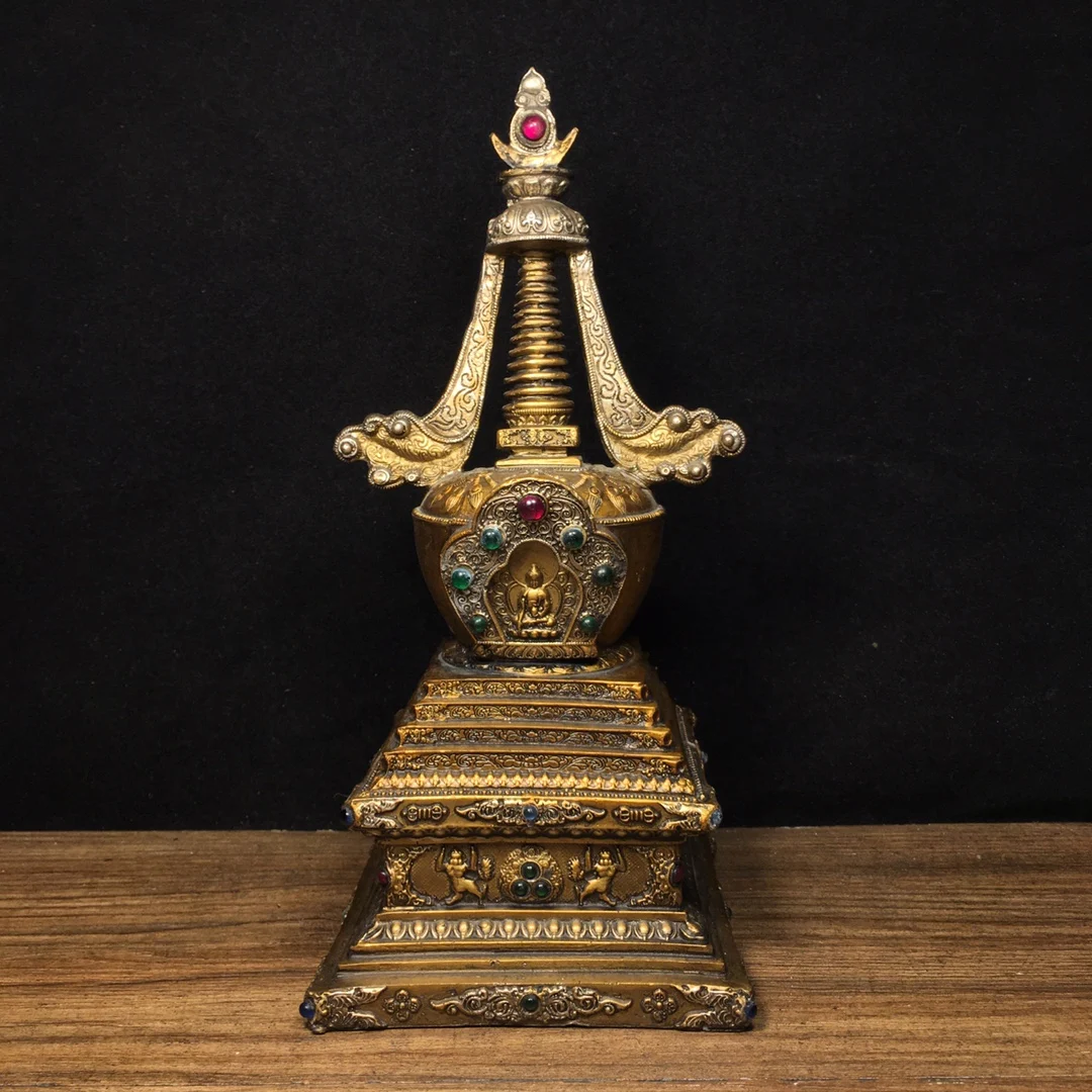 24cm Pure Copper Buddhist Relics Pagoda Ornaments Copper Treasure Chest Painted Statue