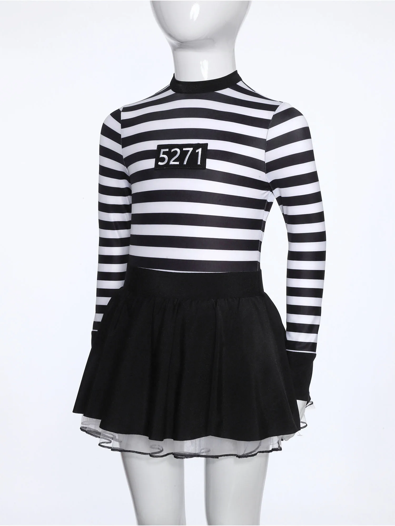 

Girls Halloween Jailbird Convict Cosplay Prisoner Dress Striped Puffy Costumes Long/Short Sleeve Ruffle Skirt Ballet Tutu Dress