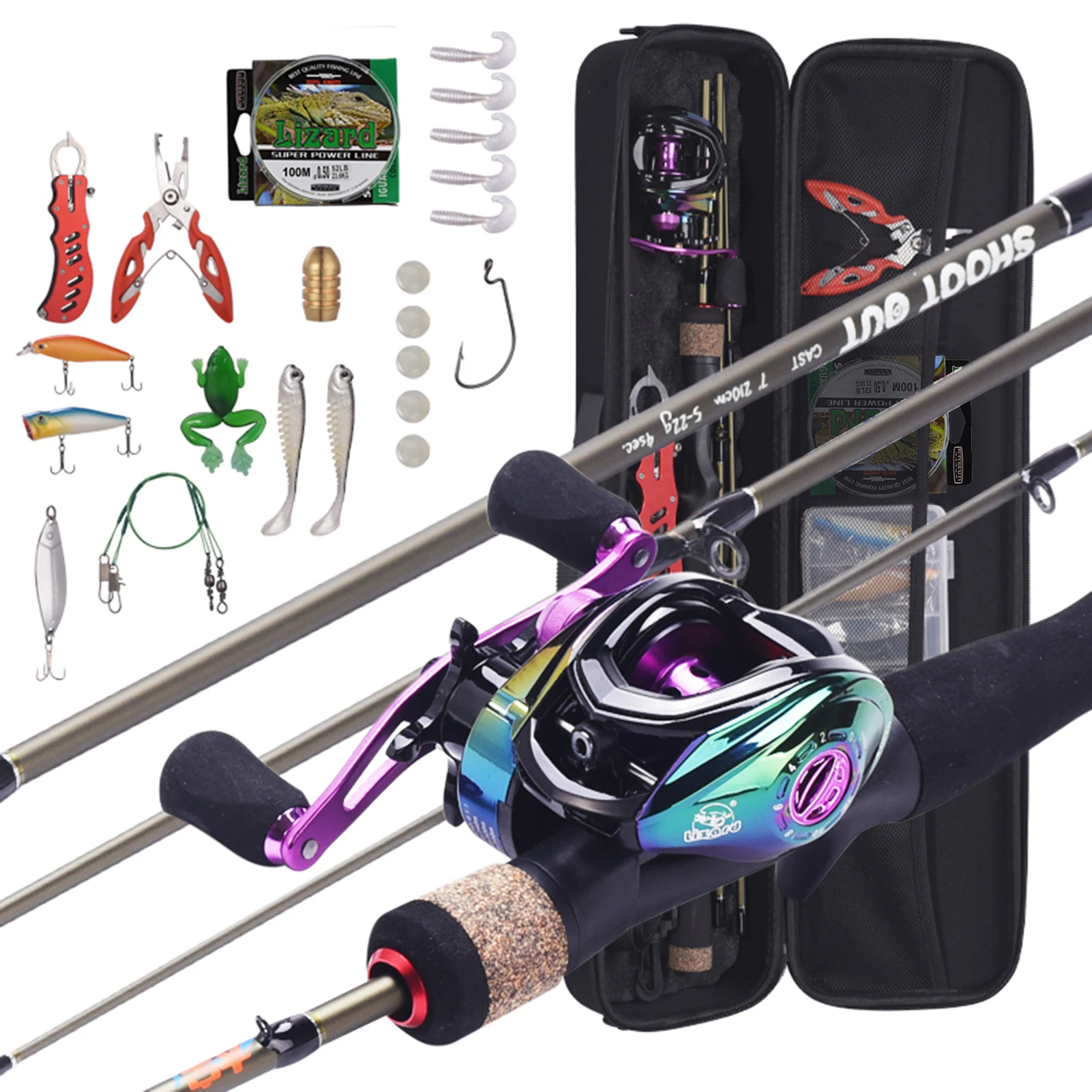 

1.98m Portable Fishing Rod Baitcasting Reel Fishing Wheel Hard Soft Lure Line Fishing Tackle Bag Set Kit for Travel Fishing