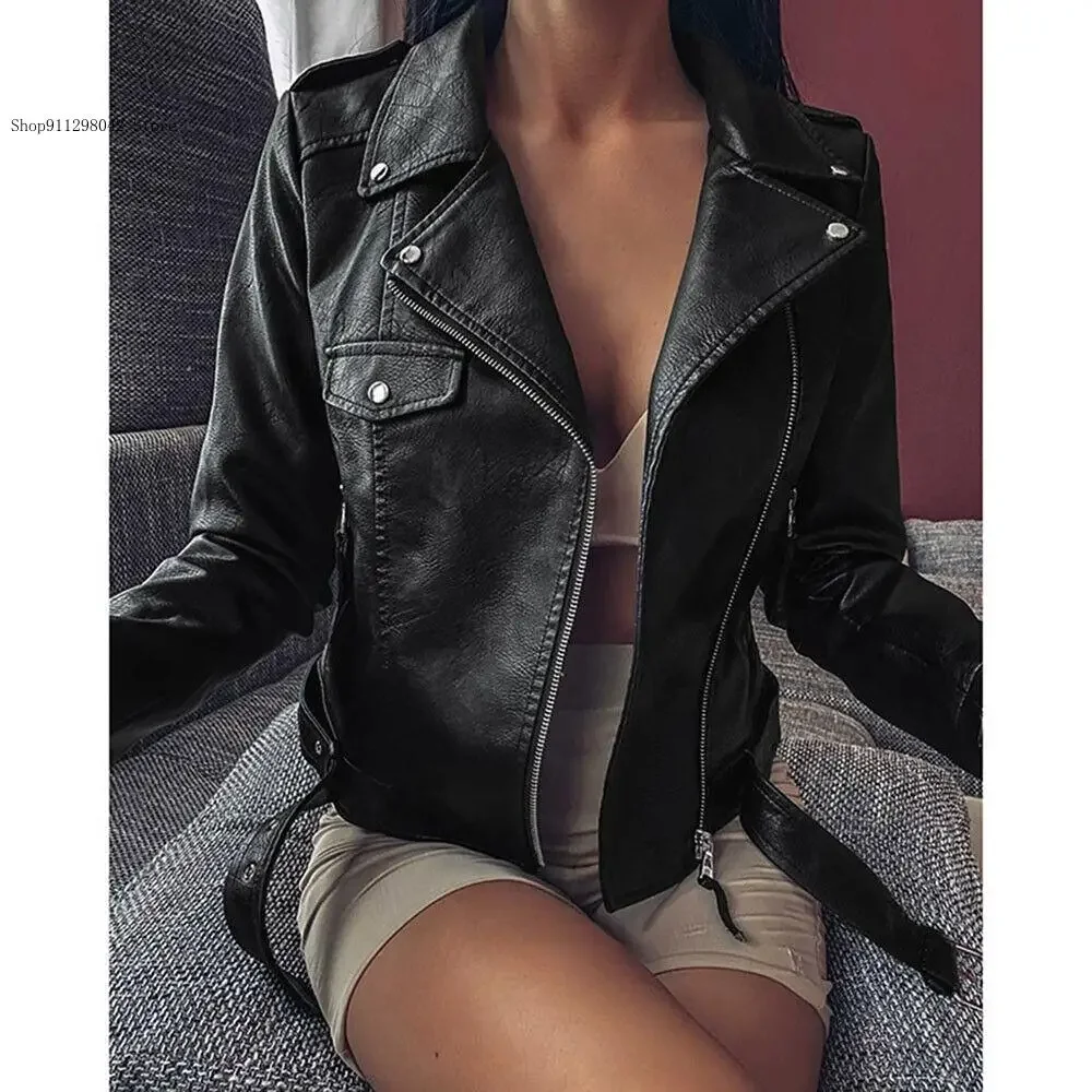 Spring and Autumn Pu Leather Casual Pure Color Short Sleeved Jacket Motorcycle Suit Slim Fit Coat for Women