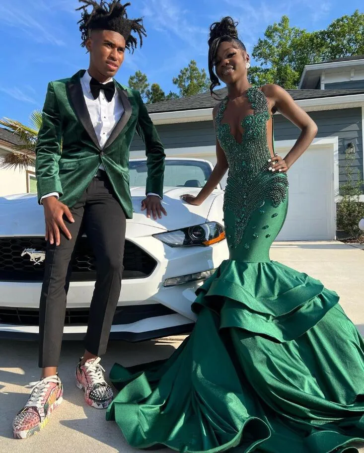 Customsized Hunter Green Trumpet African Prom Dress Ruffles Train Crystal Beaded Sheer Mesh Birthday Party Gown فساتين الحفلا