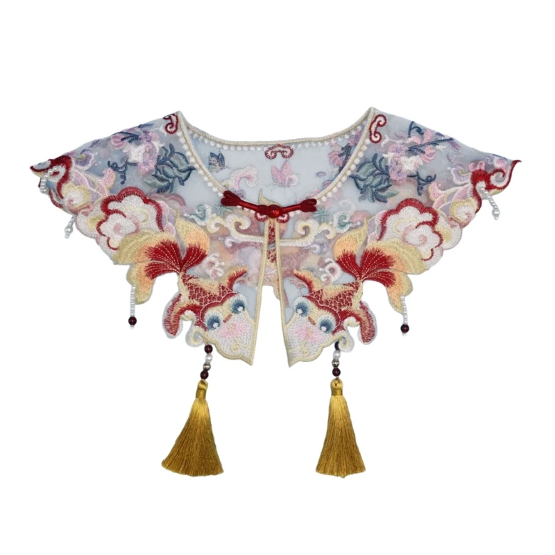 

Sophisticated Detachable Faux Collar with Embroidery Goldfish Chinese Vintage Tassels Shawl Wrap for Kids Girls Dropship