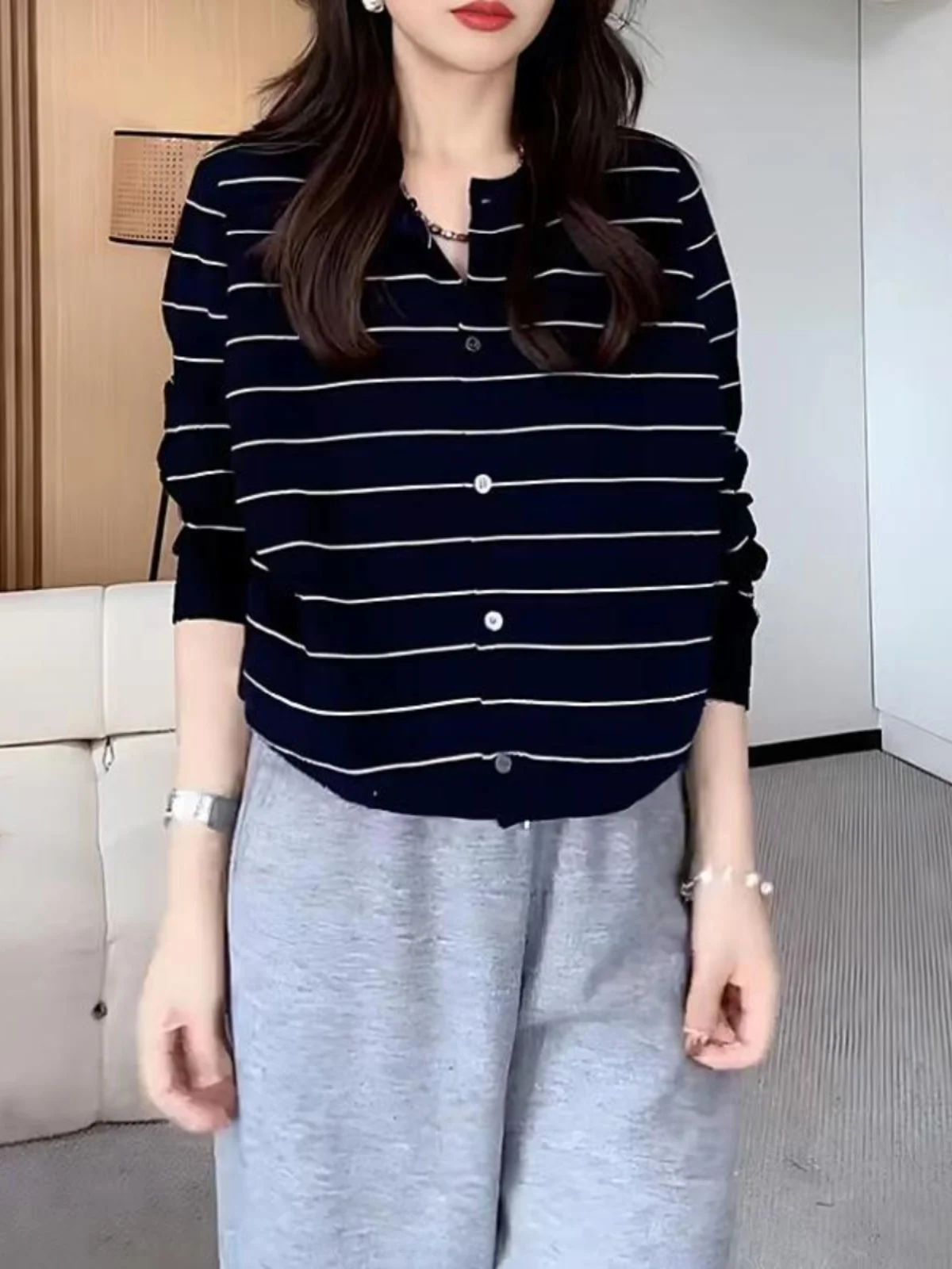 

plus Size Striped Lazy Knitwear Women's Spring New Loose Belly Cover Slimming Inner Wear Outerwear Top Korean Sle Long S...