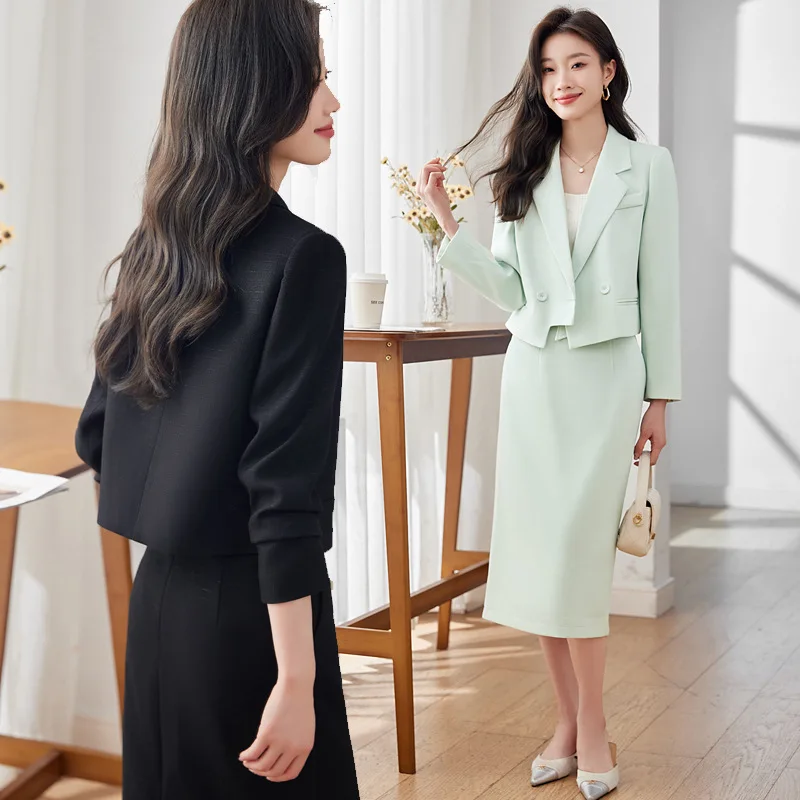 High-End Green Blazer for Women2024New Spring and Autumn Small High-End Short Two-Piece Suit Skirt