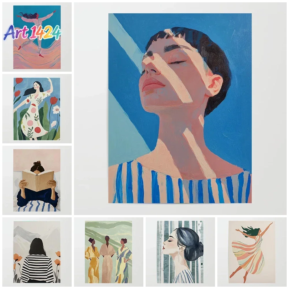 1pc frameless canvas painting Abstract Niche Art Striped Girl  Painting Portrait Poster Canvas Printing Home Living Room Bedr