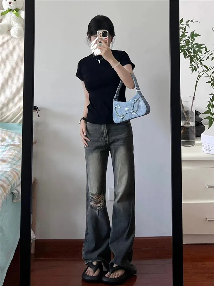 

Retro American Tear Micro Flared Jeans Women's Loose High Waist Slimming Tall Extended Floor-Length Pants Autumn Winter