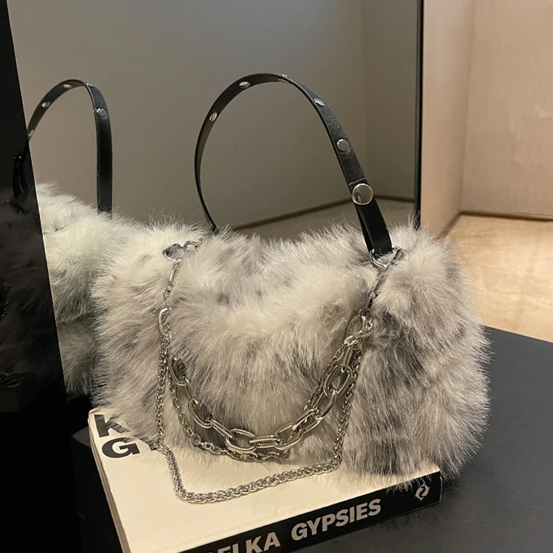 Fur Women\'s Small Tote Bag Fashion Autumn Winter Bag for Women Plush Handbags Cute Chain Shopping Bag Plush Shoulder Bag