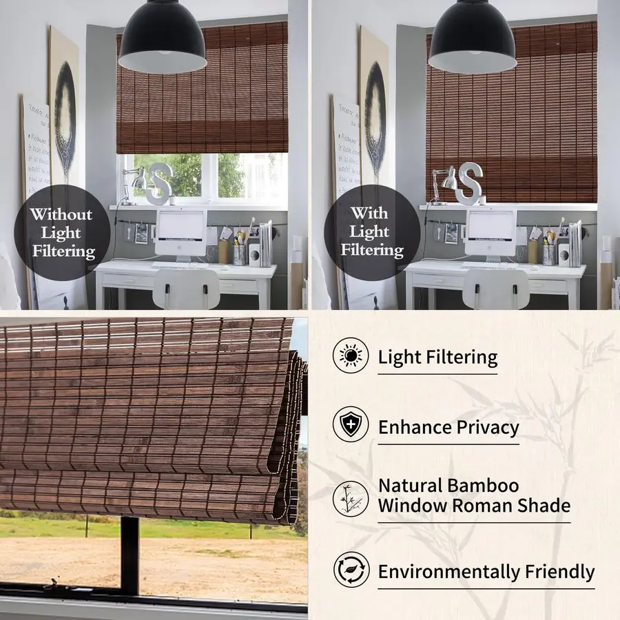 Cordless Bamboo Blinds Roman Shades Natural Weave Lift Up Bamboo Blinds for Indoor Windows Home and Garden Easy Installation 30W - Detail 1