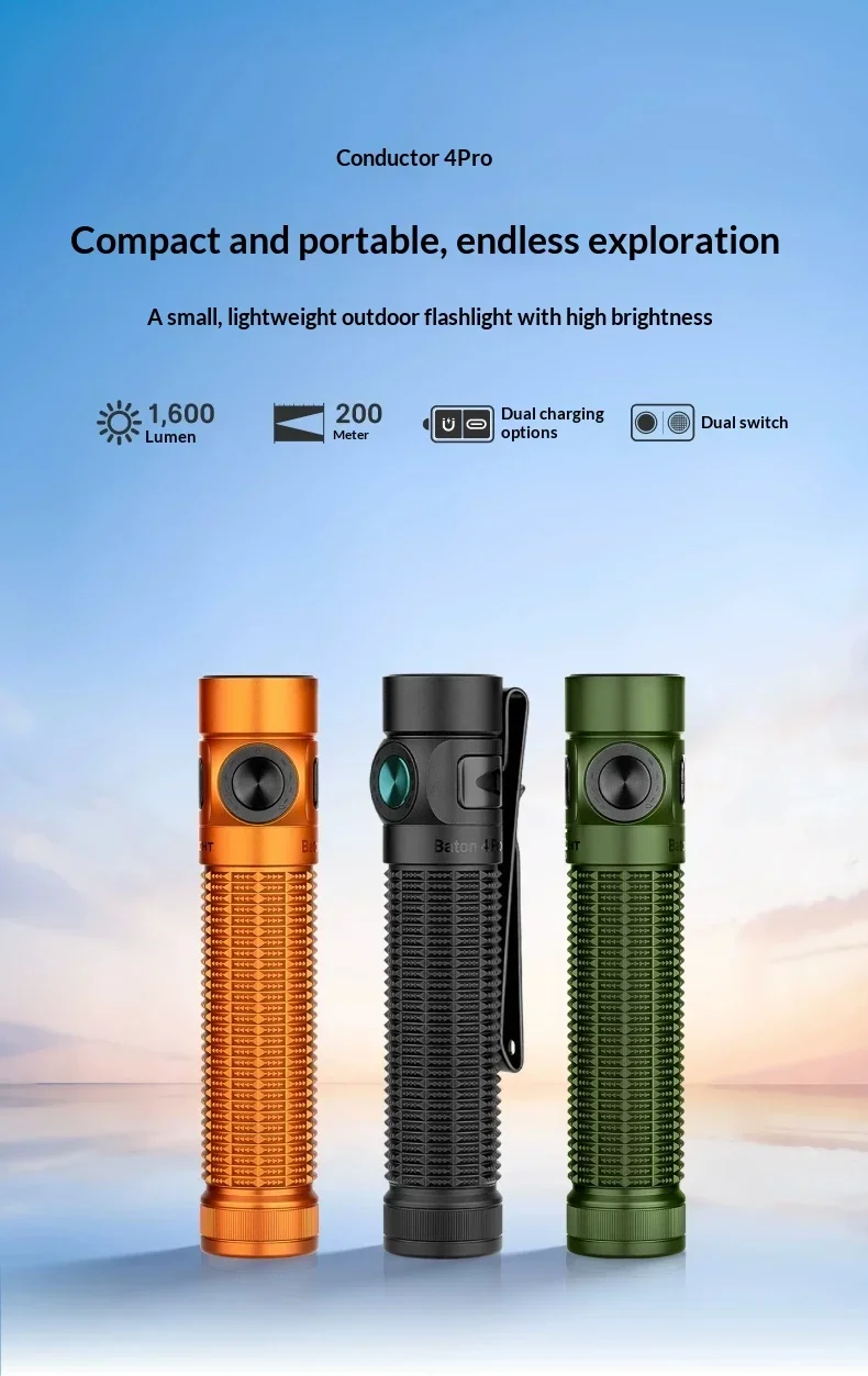 OLIGHT Baton 4 Pro Flashlight 1600 Lumens 200m Black Rechargeable Compact LED EDC Pocket Torch for Camping Hiking Outdoor Use