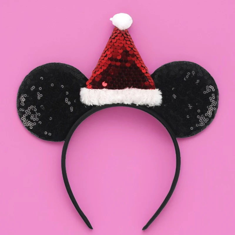 

Disney Mickey Mouse Christmas Sequins Santa Hat Headband for Adults Xmas Kids Girls Party Hairbands Women Bows Hair Accessories