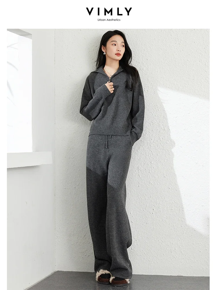 VIMLY Women\'s Commuter Loose Knitted Pants Sets Lapel Neck Pullover Top Elastic Waist Pant Simple 2Pcs Sets Casual Tracksuit