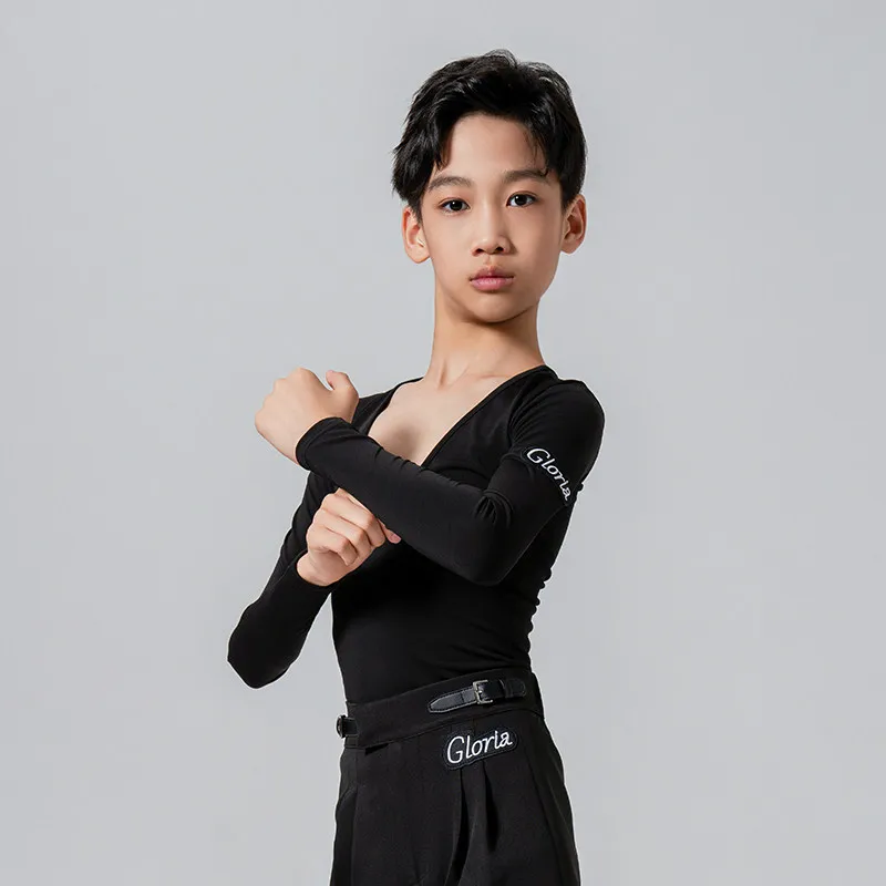 

2026 New Latin Dance Tops For Boys Long Sleeved V-Neck Shirts Latin Pants Outfits Samba Chacha Tango Latin Dance Clothes XH4125