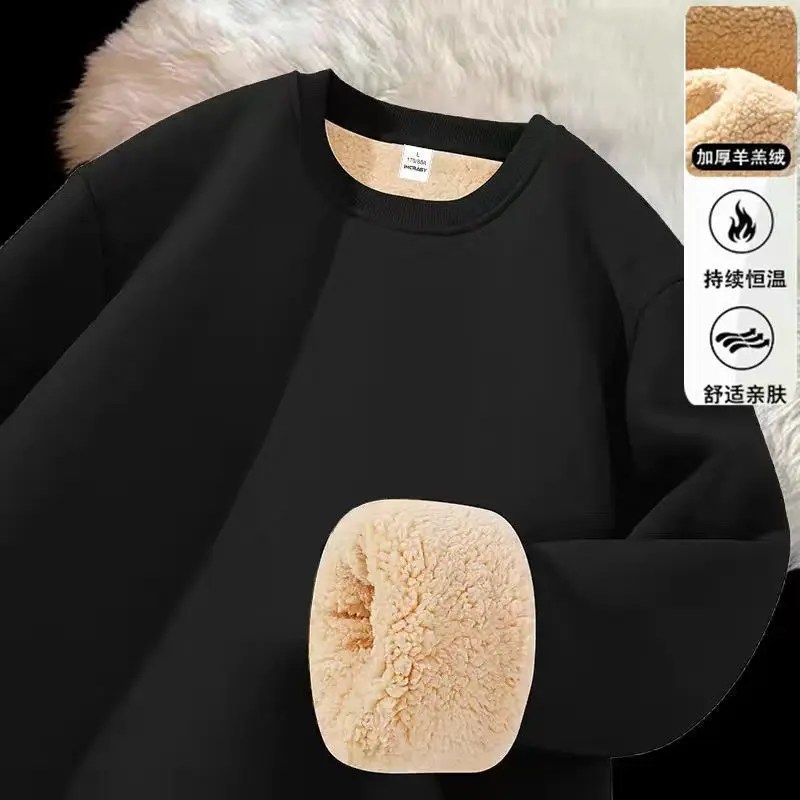 Men's round Neck Lamb Velvet Sweatshirt Thickened Fleece Warm Couple Style Autumn Winter New Arrival Casual Loose Fit Top