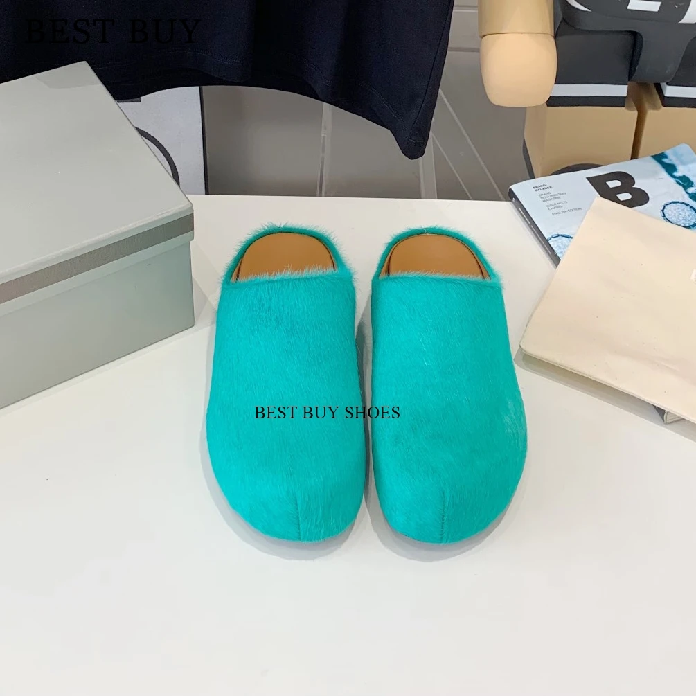 

Women Round Toe Horsehair Home Slippers New Thick Sole Slip On Slippers Casual Holiday Slides Summer Unisex Mules Flat Slippers