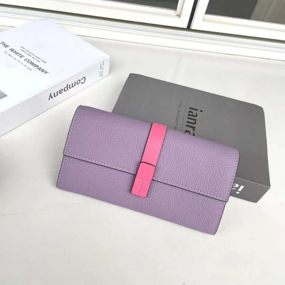 New Wallet Women's Long LeatherBuckle Multi-card Space for Mobile Phone Color Contrast Large Capacity First Layer Cowhide Wallet