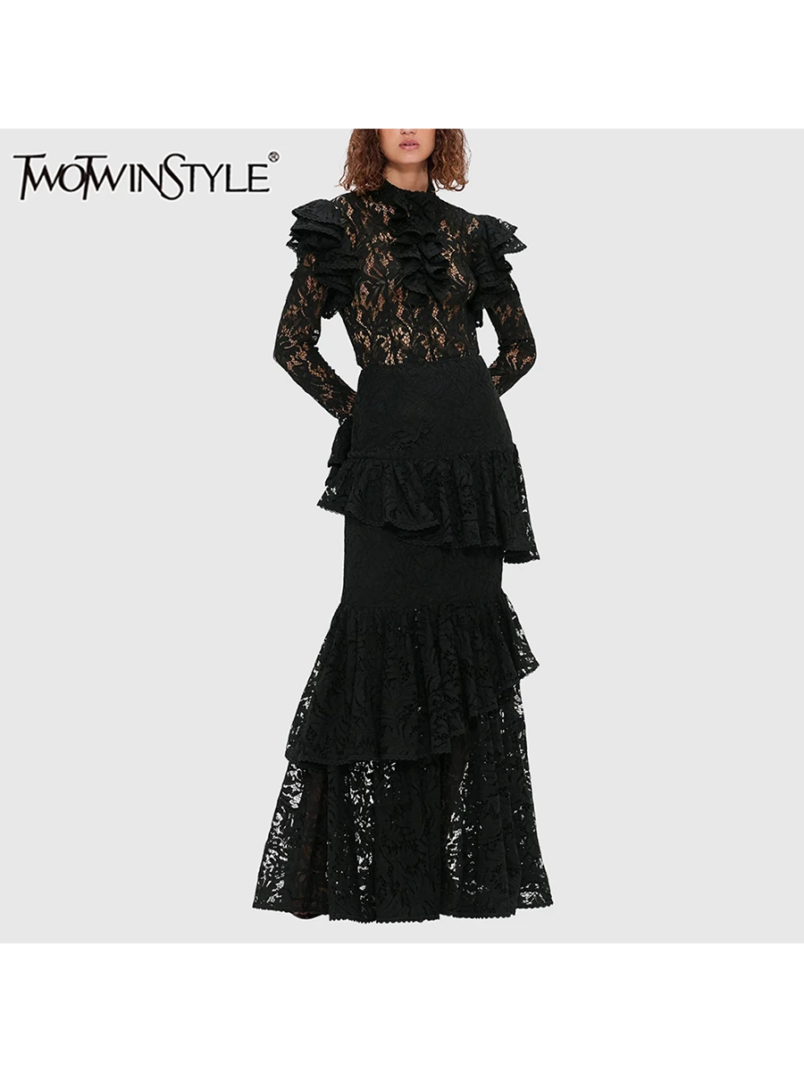 TWOTWINSTYLE Solid Spliced Lace Up Two Piece Set For Women Stand Neck Long Sleeve Top High Waist Skirt Slimming Dress Female New