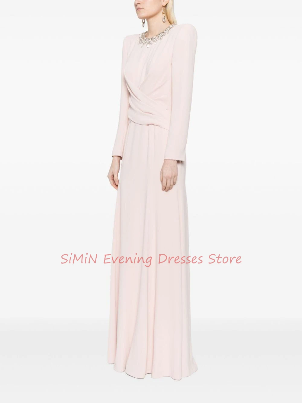 Simin Saudi O-Neck Grace Beaded Ruffle Crepe Mermaid Simple Long-sleeves Tea-Length Arab Evening Party dresses for women 2024