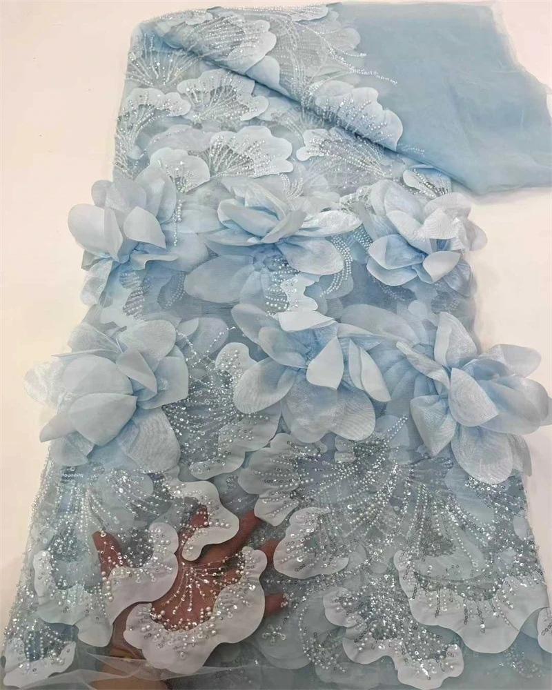 Luxury French Tulle Net Lace With Sequins And Beads African Nigerian 3D Embroidered Flowers Lace Fabric Lace Fabric For Dresses