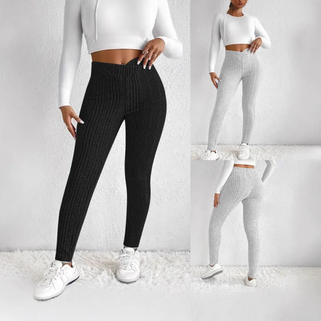 

High Waist Striped Thread Tight Fitness Pants Women's Casual High Waist Polyester Fiber Trousers for Middle-Aged Women