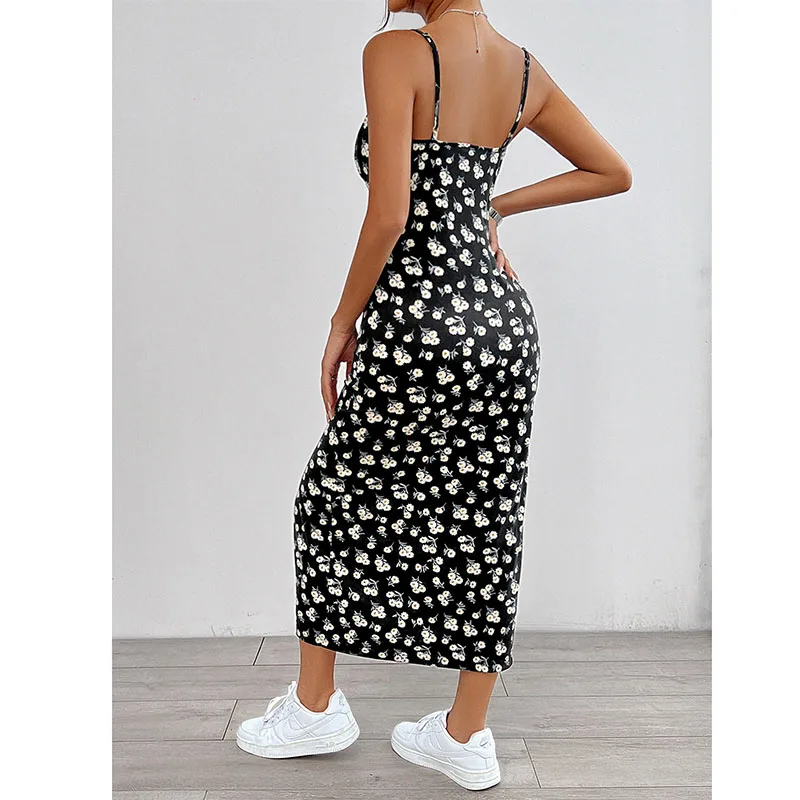 فستان مموه بطبعة زهور أوروبية وأمريكية أنيقة وفخذين