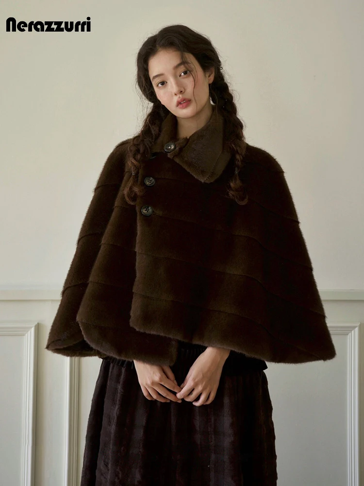 

Nerazzurri Autumn Winter Soft Brown Striped Thick Warm Bat Sleeved Faux Mink Fur Coat Women Elegant Luxury Chic Fluffy Jacket