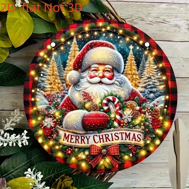 1 Piece Metal Iron Christmas Decoration - Santa Claus and Candy Canes, Pinecones - Red and White Checkered Wreath Sign