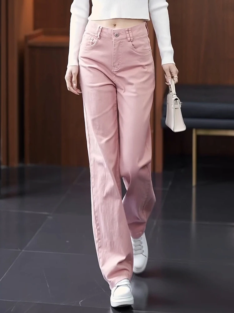 

Pink Slim Wide Leg Denim Jeans Women's Casual High Waist Loose Slimming Straight Cut Trousers Spring Summer New Arrival