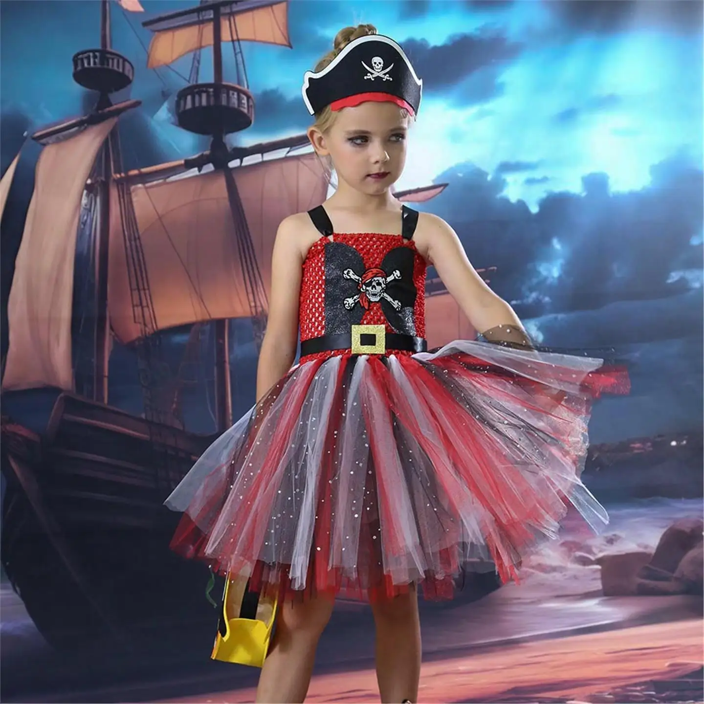 Caribische Piraat Prinses Rok voor Meisjes Halloween Skelet Hoofd Tutu Rok Kindermaskerade Dans Cosplay Kostuum