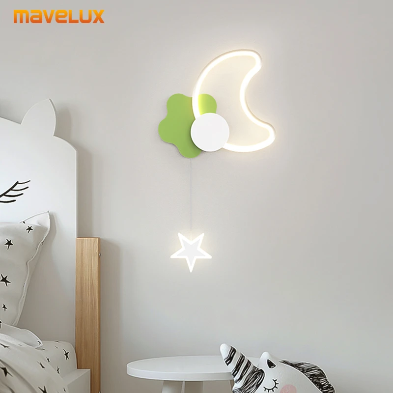 Groene Stijl Led Wandlamp Cartoon Serie Kinderkamer Bedlampje 2023 Nieuwe Moderne Sterren Maan Wandverlichting Indoor Verlichtingsarmaturen