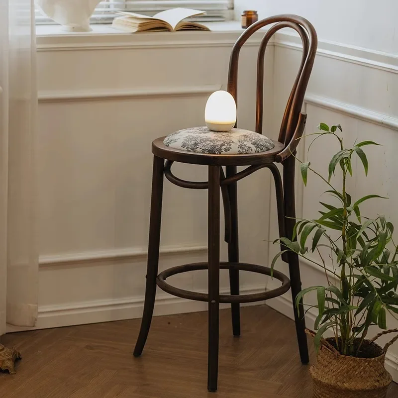 French solid wood bar chair printed high stool bar stool household water bar counter solid wood high chair retro