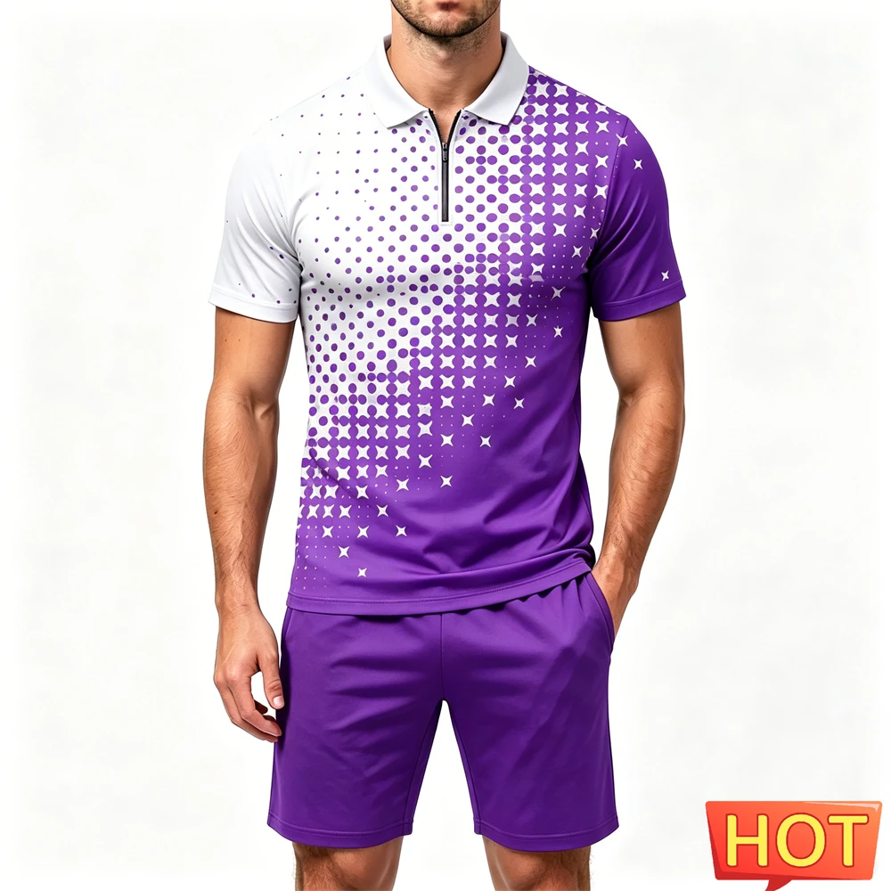 Summer Men's Sets Polka Dot 3D Print Zip Polo Shirt and Shorts 2 Piece Street Fashion Short Sleeve Outfit Casual Loose Man Suit view 6