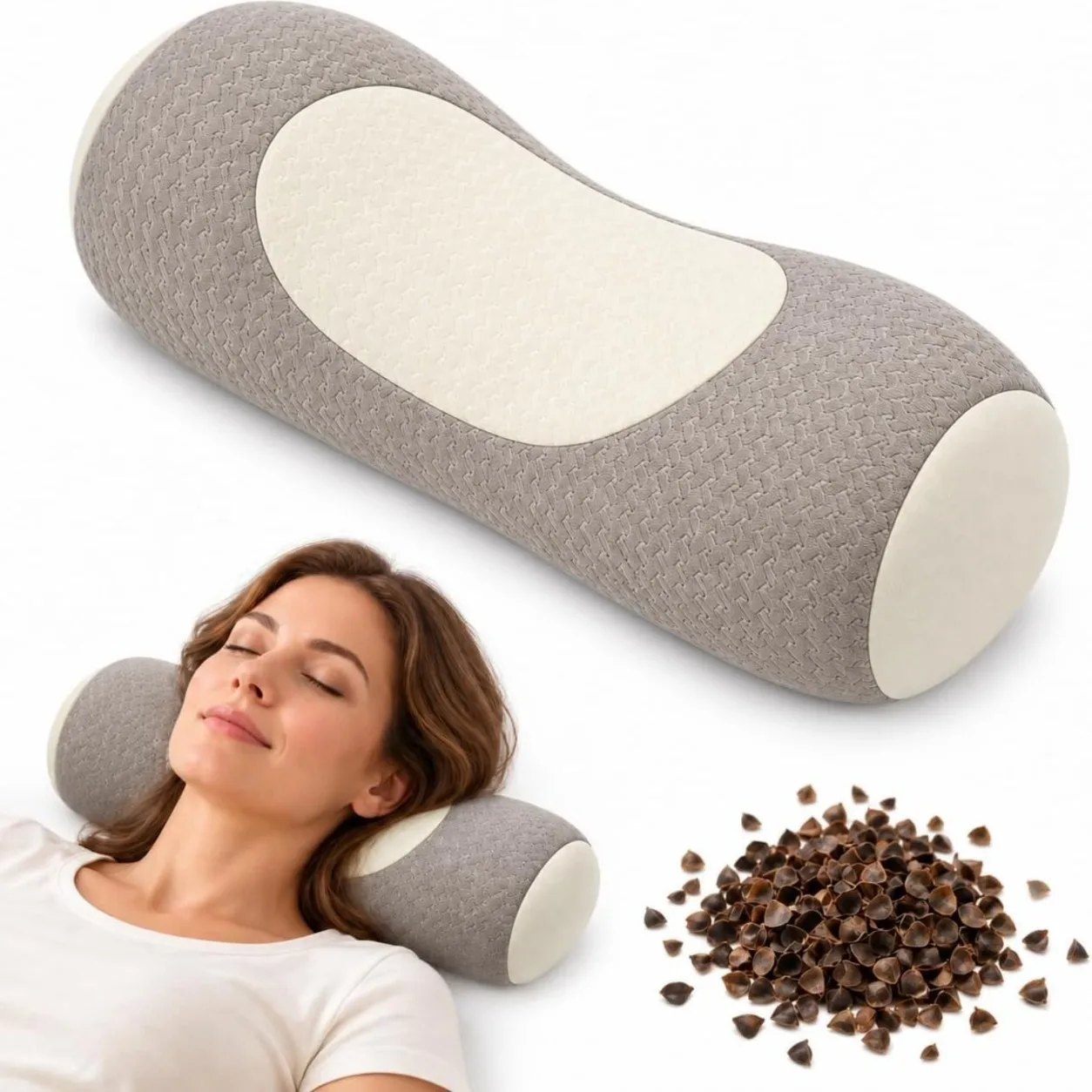 Buckwheat Neck Pillow, Adjustable Cervical Roll Bolster, with A Naturally Firm Feel and A Removable Cotton Cover for Easy Care