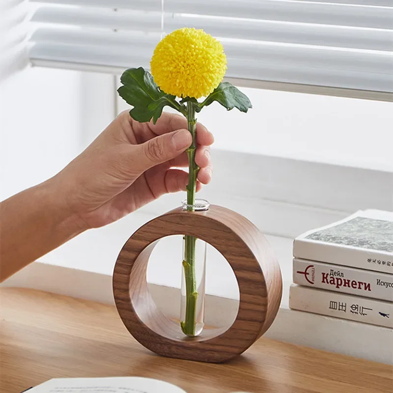 Round Walnut Wood Test Tube Vase– Minimalist Hydroponic Planter Decorative Flower Vase for Desktop