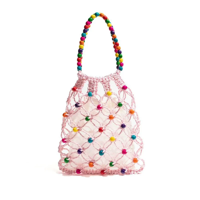 Shoulder Bags Women Cotton Colorful Hollow Out Beaded Fishing Net Handbag