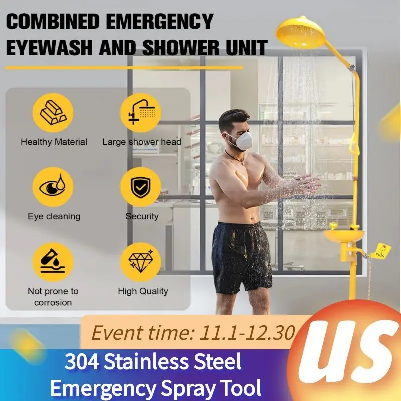 

304 Stainless Steel Vertical Portable Emergency Spray Dual Port Composite Eye Wash Tools with Dual Spray Head and Pedal for Labo