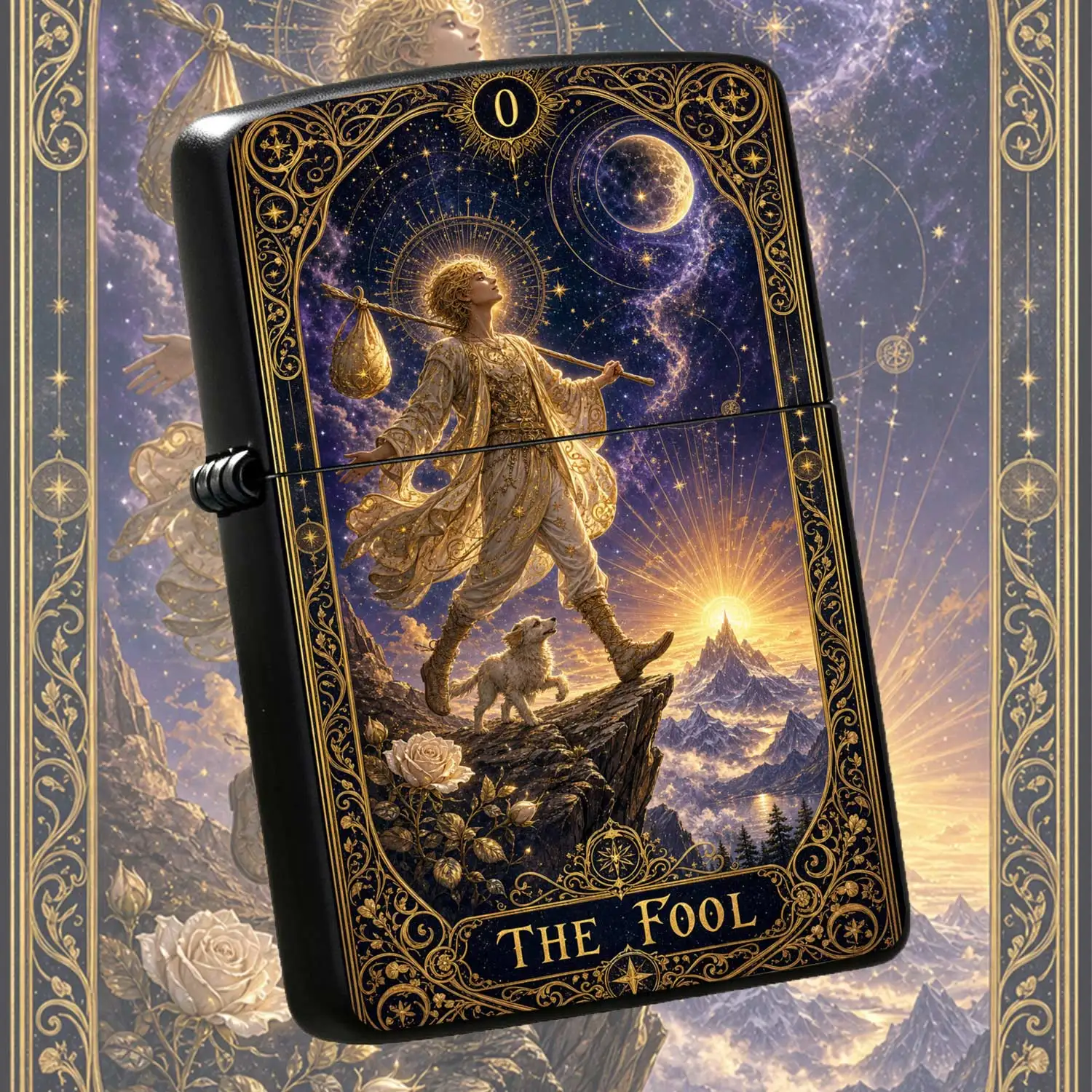 Flip-top Pocket Windproof Lighter, The Fool Tarot Theme Etched Craftsmanship, Starry Sky & Mountain Gilded Retro Design, Portable Durable Creative PersonalizedGift Ideal Humorous and Fun Lighter