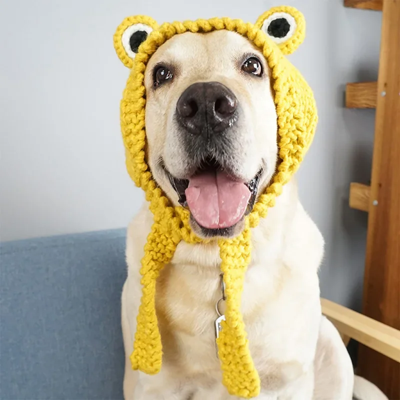 Funny Frog Dog Hat Cute Knitted Pets Golden Retriever Labrador Headgear Cap Birthday Party Headwear Costume for Large Dogs