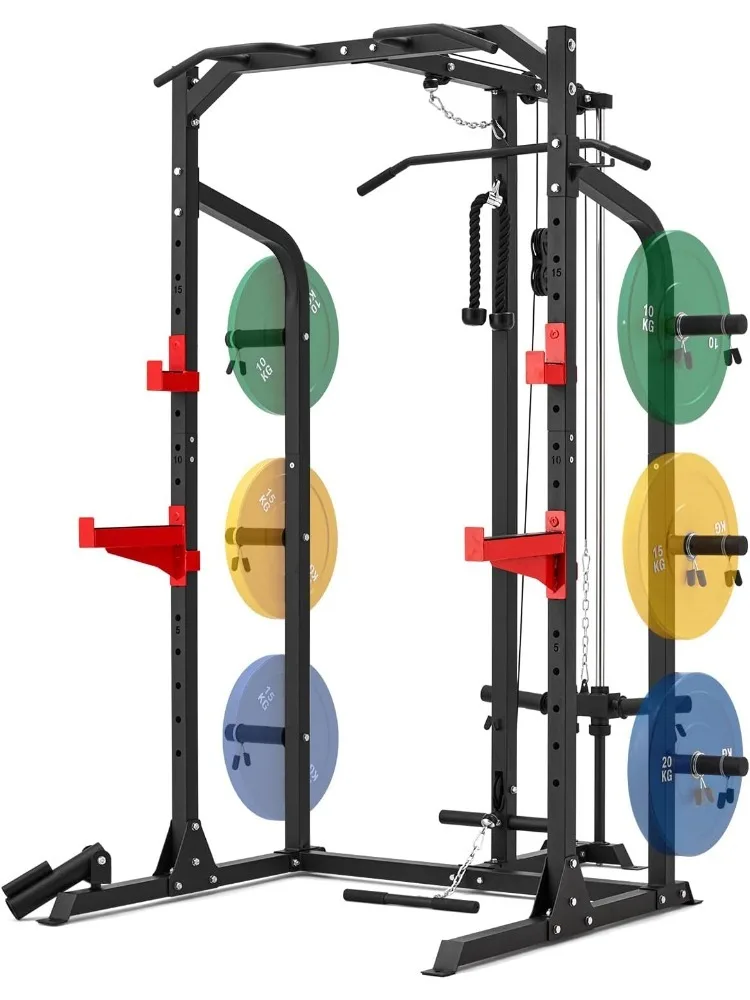 Rejilla para sentadillas, jaula eléctrica, rejilla eléctrica multifuncional con sistema de polea, soportes de placa de peso, barras de dominadas, ganchos en J, observador