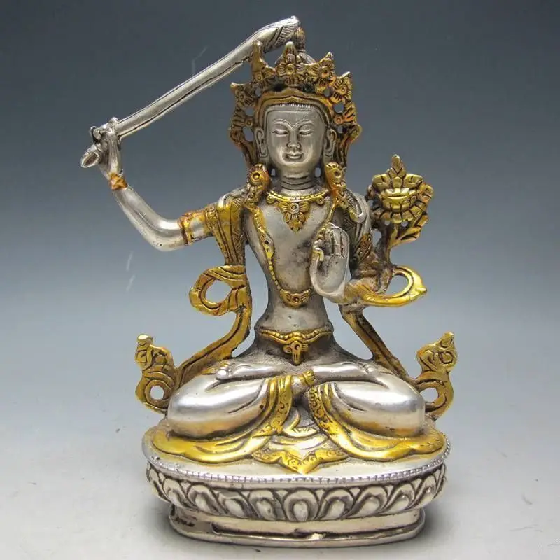 Elaborate Chinese White Copper Gilt Tibetan Buddhism Statue --- Manjushri Buddha