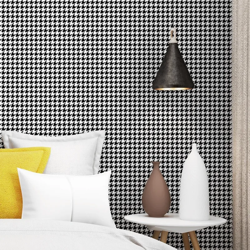 Houndstooth black and white checkered wallpaper modern minimalist plain Nordic style wallpaper home deor