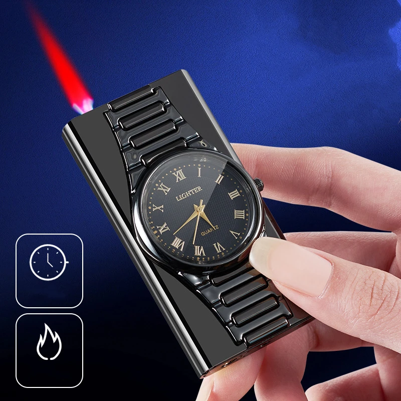 

New Metal Quartz Watch Lighter Windproof Jet Inflatable Butane Lighter Personalized Smoking Accessories Men's Gift Tools