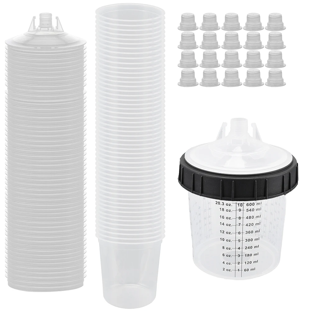 Paint Mixing Cup System 20 Ounce 600ml Kit Disposable 1 Hard Cup with Retainer Ring 20 Plugs 50 Cups and Lids System