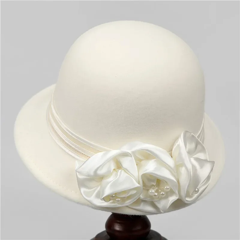 French Women Fedora Hat Flower Pearl Ribbon Wool Bucket hat For Ladies Winter Autumn Chapel Elegant Dress Hat Banquet Bowler