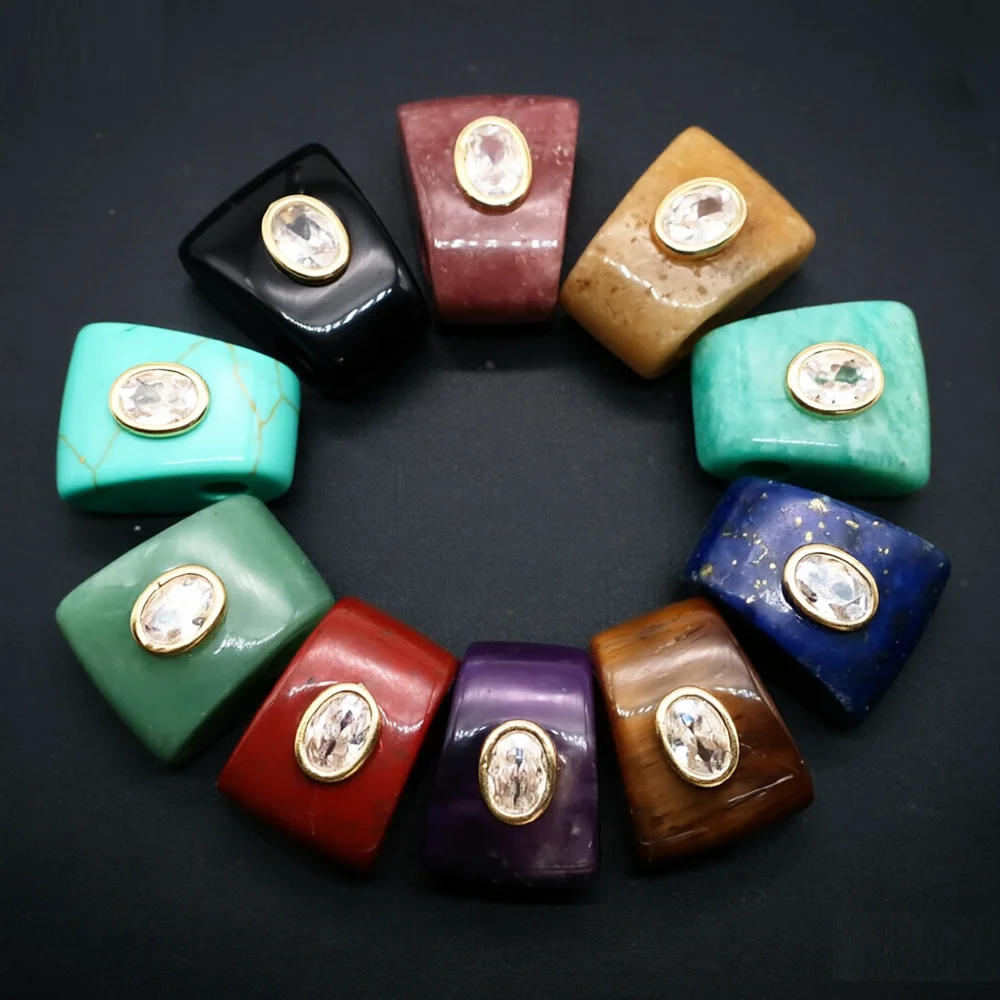 Axe Shape Natural Stone Large Hole Crystals Inlaid Oval Zircon Gemstone Charm For DIY Bracelet Necklace Jewelry Making Supplies